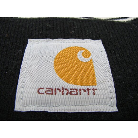 Carhartt Black White Knit Beanie Hat Striped Pom Pom Cuffed Logo One Size Unisex - Picture 9 of 10